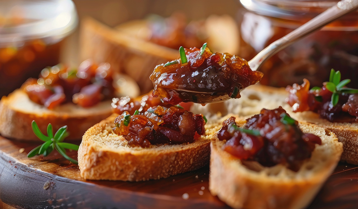 Sliced French bread with a dark red spread on top and green garnishes.