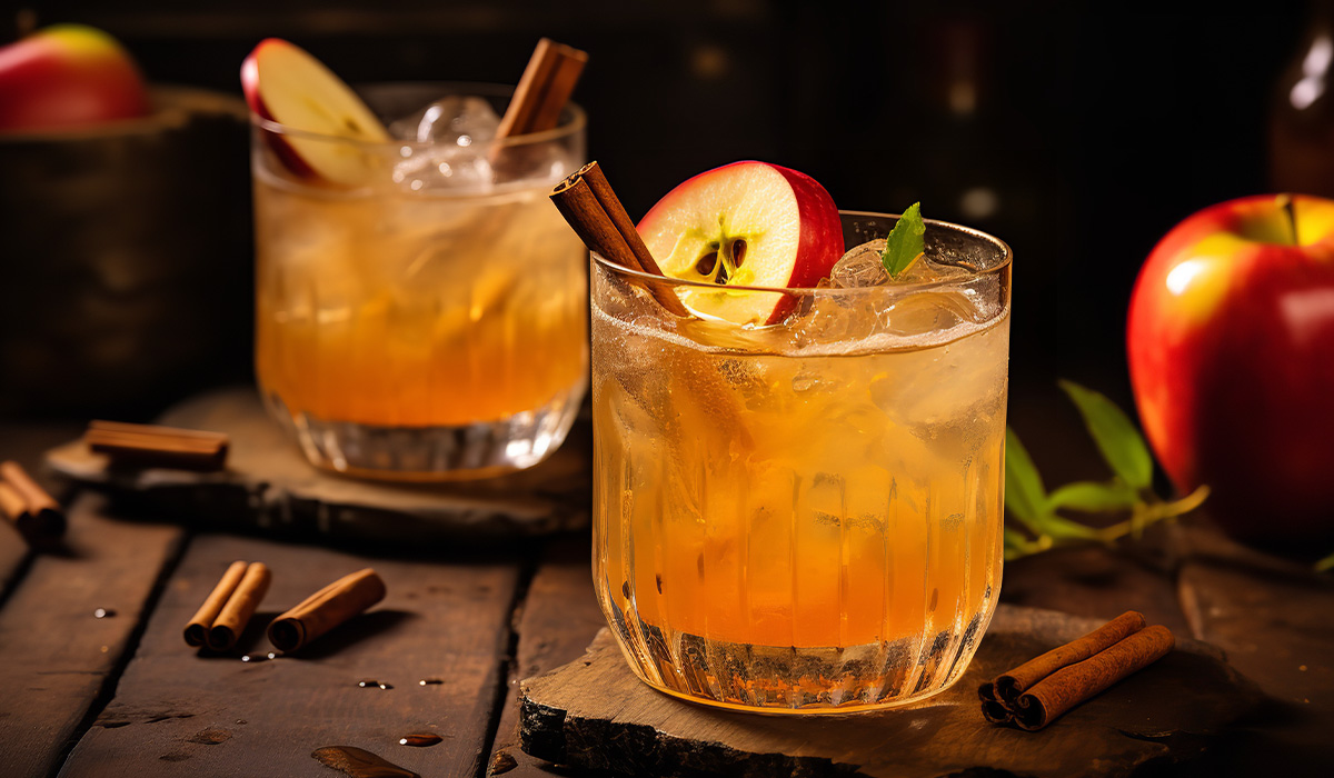 Two stout glasses of apple cider sit on a wooden table. They are garnished with cinnamon sticks and apples slices. 